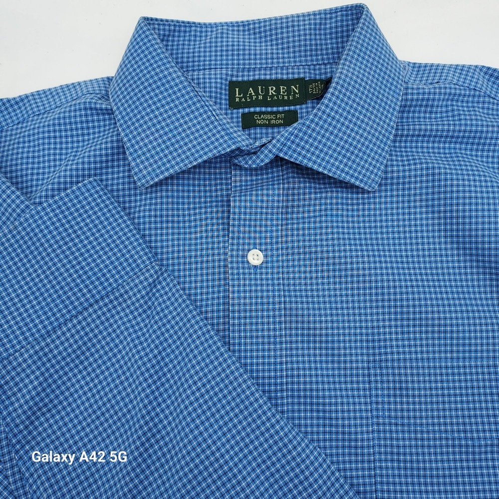 Lauren Ralph Lauren Mens 17.5 34/35 Blue Micro Check Non Iron Dress Shirt Cotton